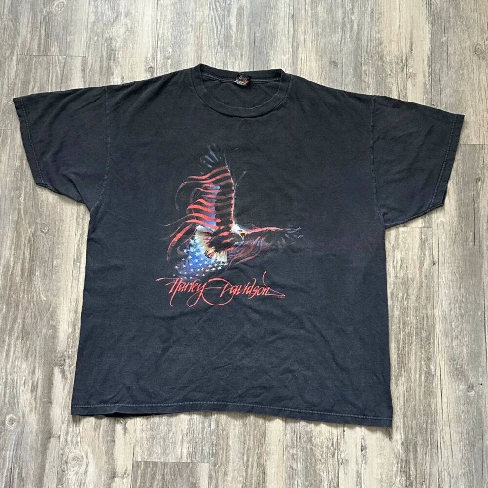 Vintage Harley Davidson Eagle American Flag Grand Teton Idaho T-Shirt Size XXL